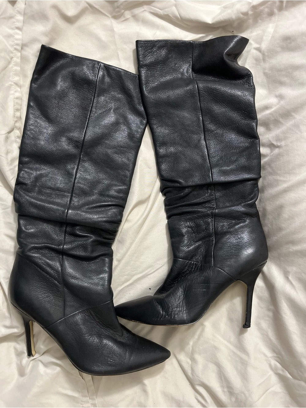 Women's Black Leather Slouch Stiletto Knee Boots